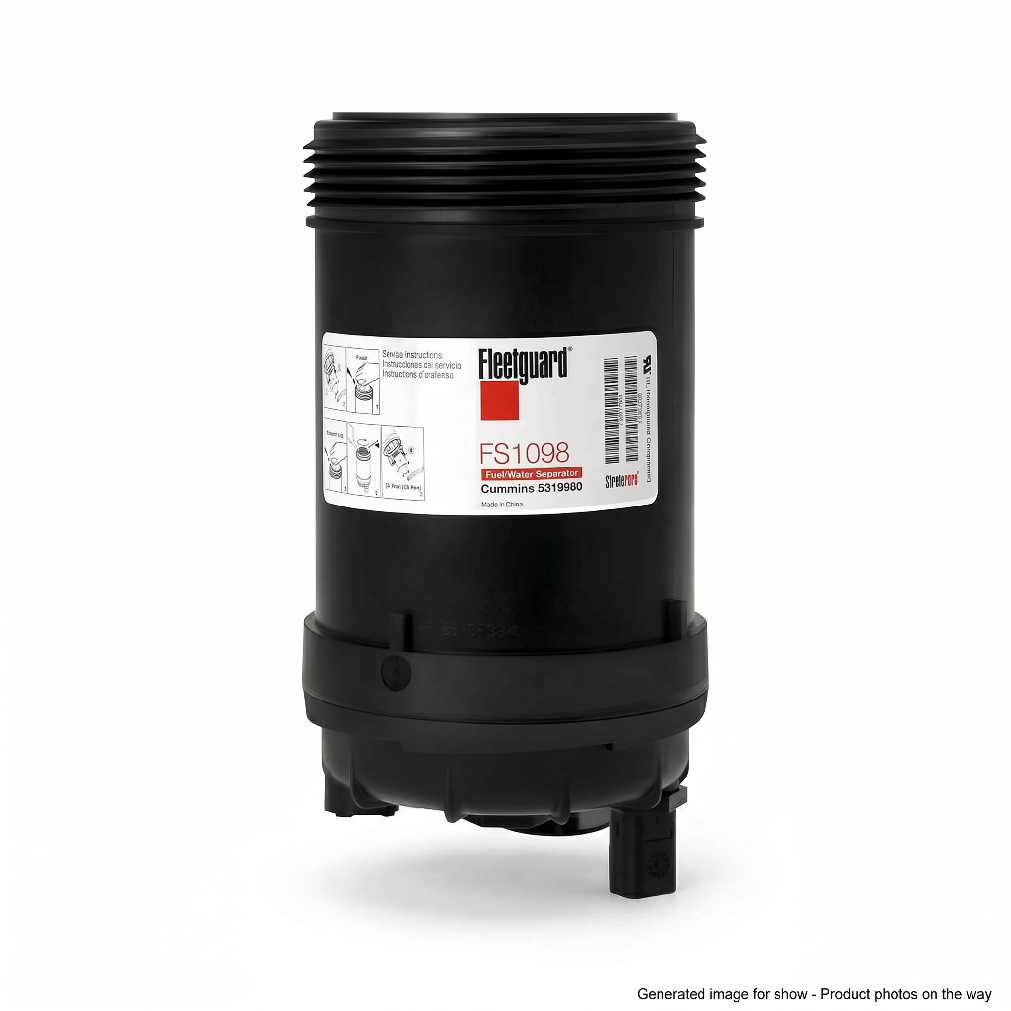 Fleetguard FS1098 fuel water separator filter front view | fits Cummins ISB B6.7, ISL L9, Paccar PX-7, PX-9 | stocked in BC, ships Canada-wide