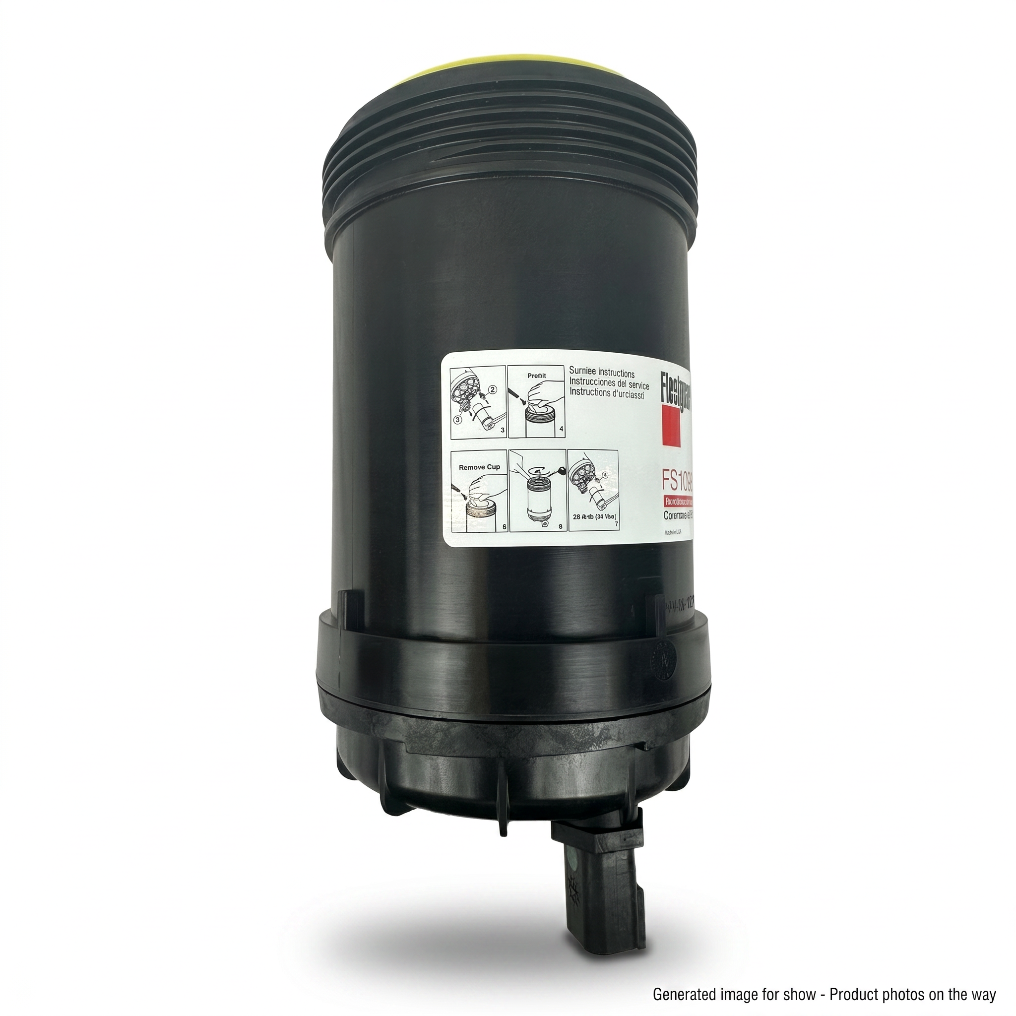 Fleetguard FS1098 fuel water separator filter three-quarter angle showing yellow top cap | diesel fuel filtration | stocked in BC, ships Canada-wide
