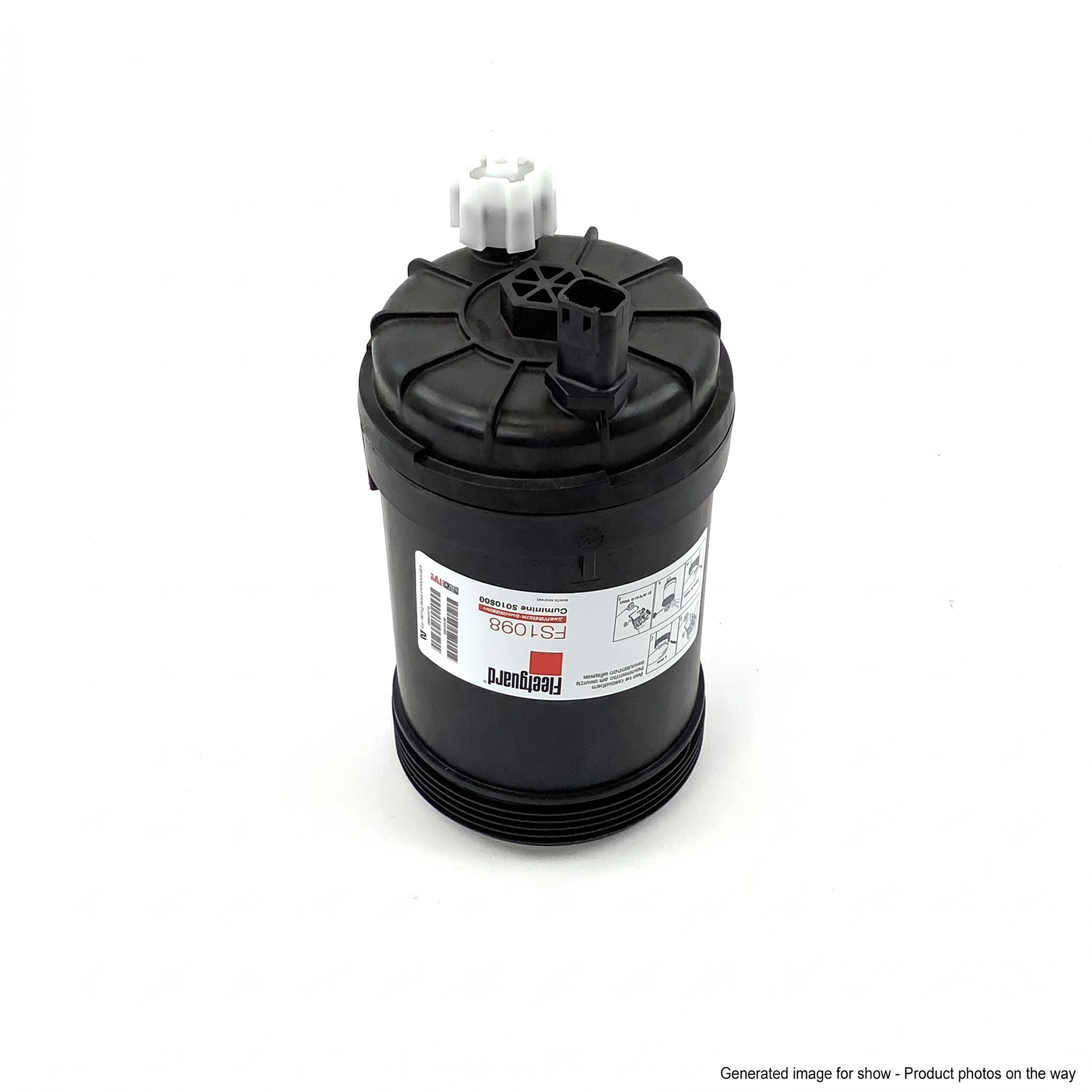 Fleetguard FS1098 fuel water separator detail view showing label and threaded base | diesel engine maintenance | stocked in BC, ships Canada-wide