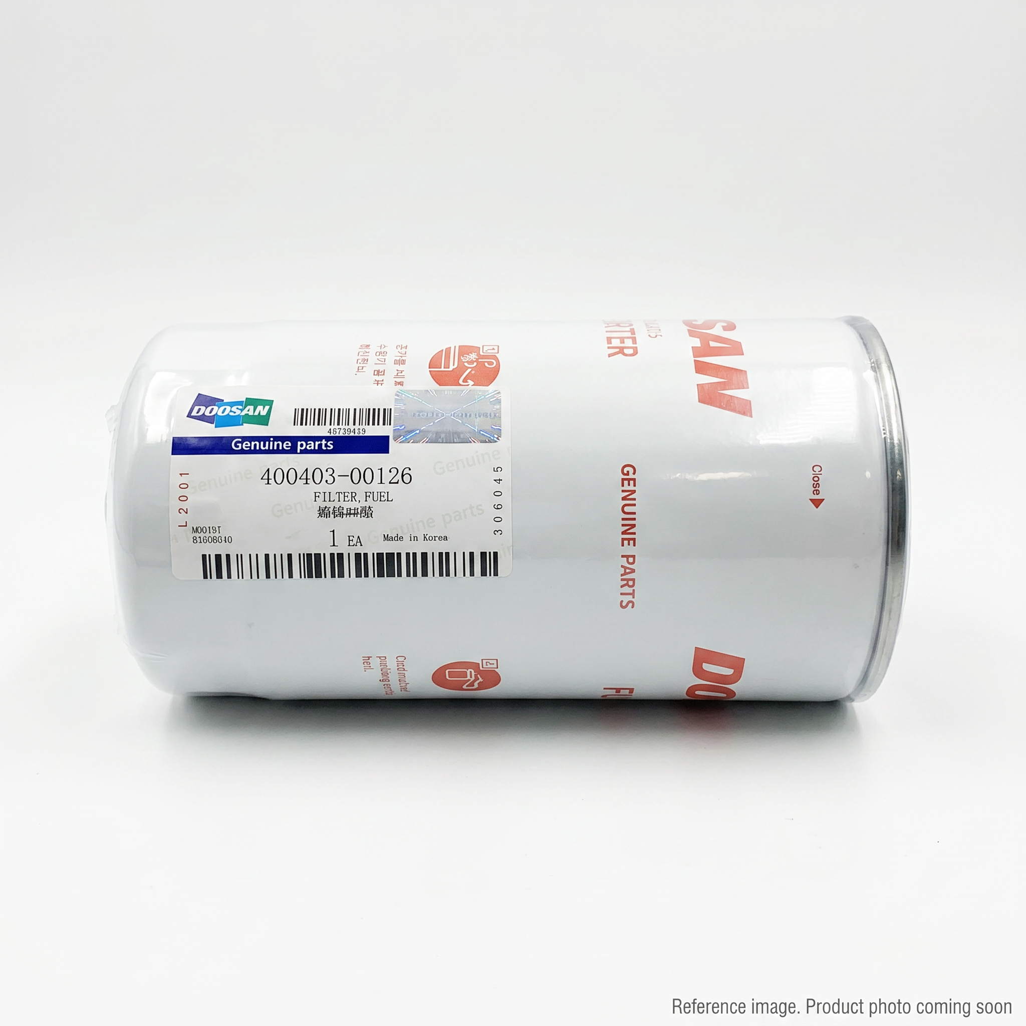 Doosan DH127139041 Fuel Filter three-quarter angle product photo | stocked in BC, ships Canada-wide