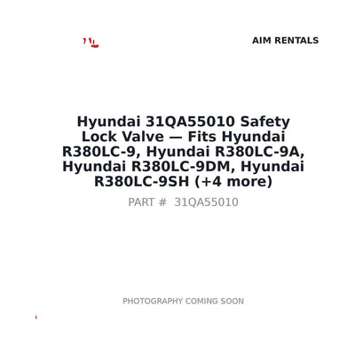 31QA55010 Hyundai Safety Lock Valve . Fits R380LC-9, R380LC-9A, R380LC-9DM, R380LC-9SH - Fits Hyundai R380LC-9, Hyundai R380LC-9A, Hyundai R380LC-9DM, Hyundai R380LC-9SH, Hyundai R390LC-9 (India), Hyundai R430LC-9, Hyundai R430LC-9A, Hyundai R430LC-9SH