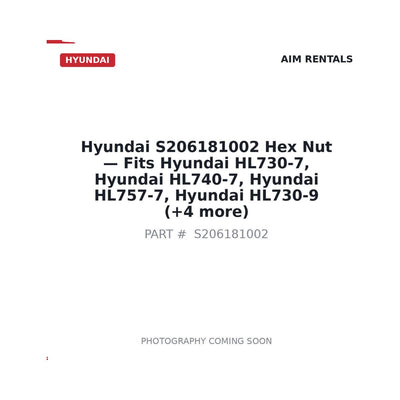 S206181002 Hyundai Hex Nut . Fits HL730-7, HL740-7, HL757-7, HL730-9 - Fits Hyundai HL730-7, Hyundai HL740-7, Hyundai HL757-7, Hyundai HL730-9, Hyundai HL740-9, Hyundai HL757-9, Hyundai 15G-7A, Hyundai 20D-7