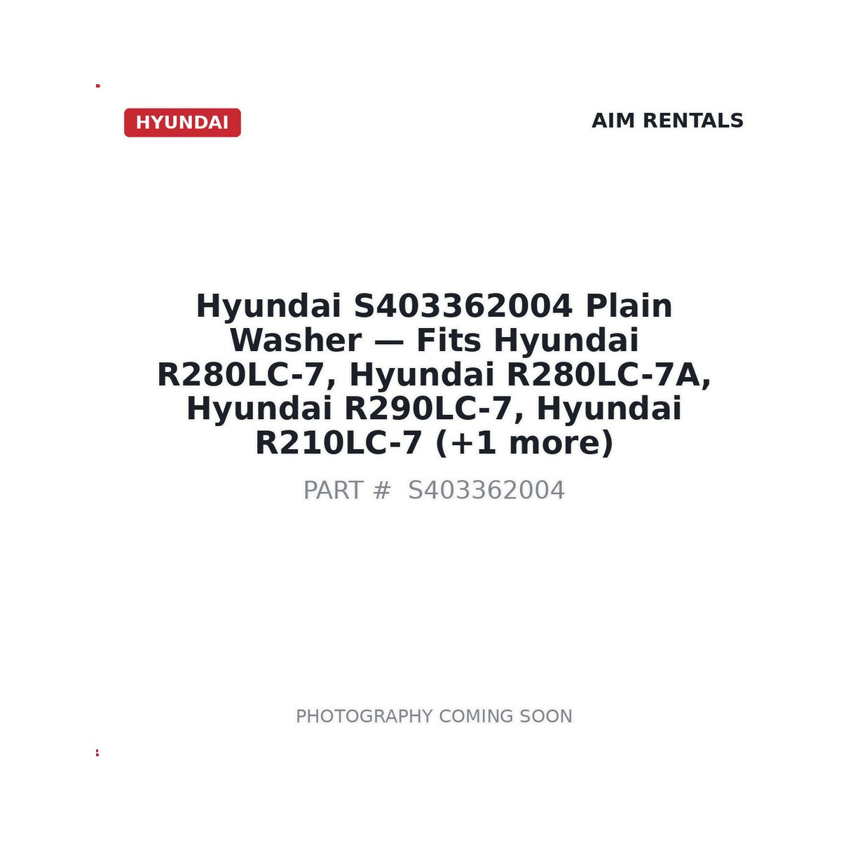S403362004 Hyundai Plain Washer . Fits R280LC-7, R280LC-7A, R290LC-7, R210LC-7 - Fits Hyundai R280LC-7, Hyundai R280LC-7A, Hyundai R290LC-7, Hyundai R210LC-7, Hyundai R170W-7